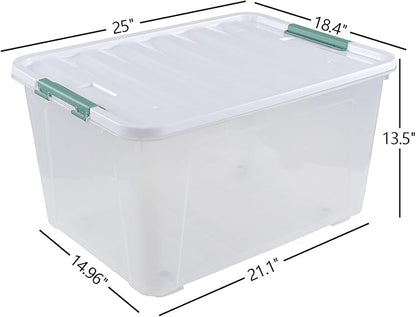 80 L Large Clear View Plastic Storage Bin with Lid and Secure Latching Buckles, 4-Pack Wheeled Clear Storage Boxes