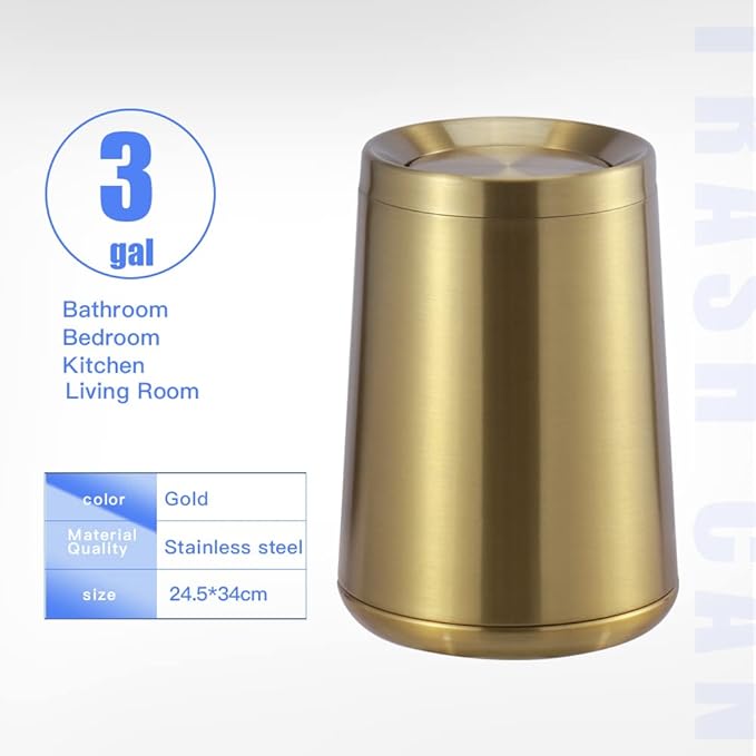 Household Swing Gold Bathroom Trash Can，Brushed Stainless Steel，10 L/3 Gallen，Garbage Can with Flipping Lid， for Indoor or Commercial Use, Kitchen,Modern，Living Room,Bedroom