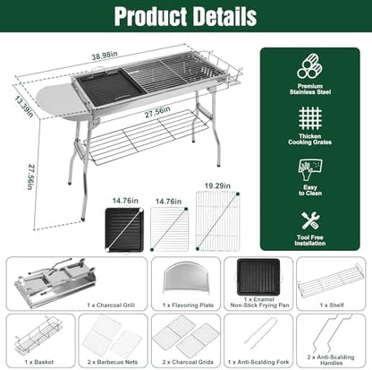 Portable Charcoal Grill, Folding Barbecue Grill with Storage Shelf,