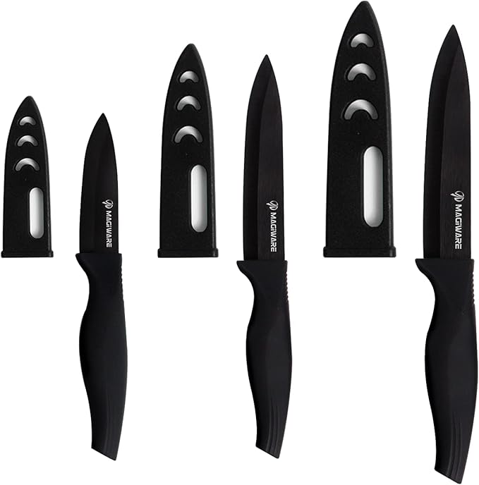6-Piece Paring Knife Set with Sheaths-Ceramic Blade Sharp Rust Proof Stain Resistant (include 5inch Utility Knife, 4inch Fruit Knife,3inch Paring Knife)-Black (win0529)