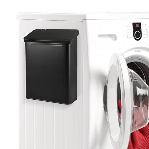 Picowe Magnetic Laundry Storage, Large Metal Lint Holder Bin with Lid for Laundry Room, Space-Saving Trash Container Hanging on Dryer, Washer or Wall Mount Trash Bin (Black)