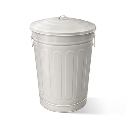 Plexon Round Trash Can 13 Gallon, Vintage Metal Outdoor Trash Can with Lid, Retro Farmhouse Garbage Container, Old School Modern Ash Bucket, Beige