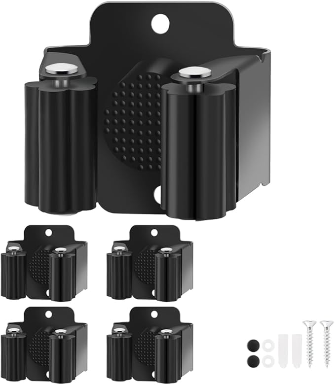 Broom Holder Wall Mount, 4PCS Broom Hanger Wall Mount, Stainless Steel Heavy Duty Mop Holder Broom Mop Hanger Wall with Screws, Garden Outdoor Tool Organizer Rack Broom Hanger (Black)