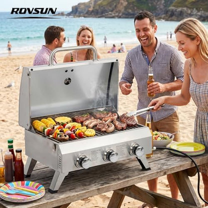 ROVSUN 3 Burner Portable Gas Grill, 30000 BTU Outdoor Tabletop Propane Grill with Ignition, Built-in Thermometer & Full Stainless Steel Body for Patio Garden Backyard Camping BBQ Picnic