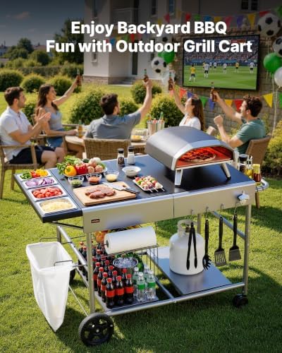 VEVOR Outdoor Grill Cart, Grilling Table, Movable Outdoor Cooking Table with 4 Spice Containers, Wheels, Lids, Hooks, BBQ Prep Tables for Picnic, Kitchen, Courtyard