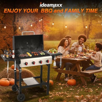 4-Burner Propane Gas Grill with Cast Iron Grates, 38200 BTU output,Foldable Side Shelves for Portable Outdoor Patio Camping, Black (4 burner)