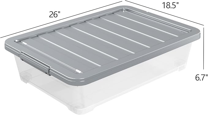 Readsky 3 Packs Large Clear Wheeled Latching Box, 40 L Plastic Underbed Storage Box with Gray Lid