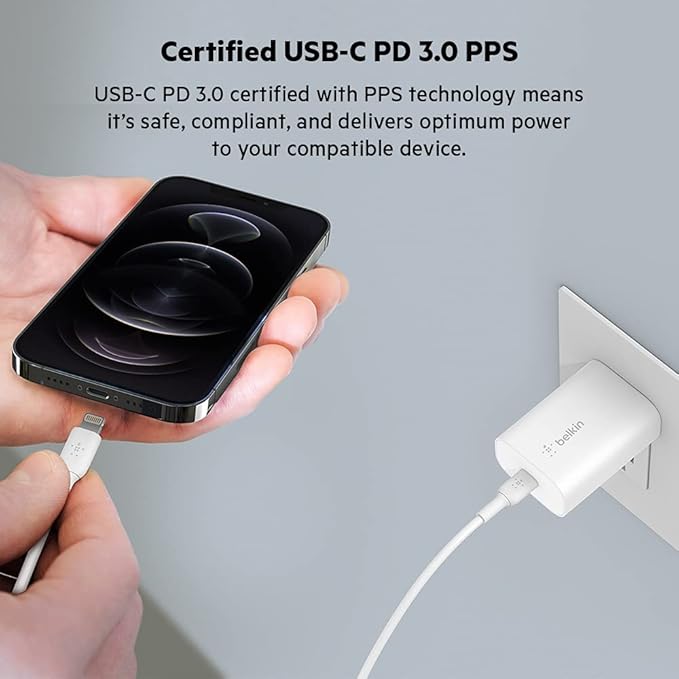 Belkin USB C Charger Block 25W - Power Delivery PPS Super Fast Charging - Apple iPhone 17, Air, Pro, AirPods, Samsung Galaxy S25, iPad, AirPods, Google Pixel 10, Nintendo Switch 2 & More - White