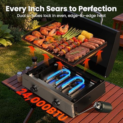 Flat Top Gill, Outdoor Griddle 22” Tabletop Gas Griddle with Hood for Outdoor Camping Tailgating (24000 BTU, 2 Burner, Carbon Steel Plate)