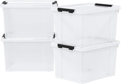 23 L Clear Plastic Storage Box with Lid, Stackable Lidded Storage Bin Container with Wheels and Secure Latching Buckles, 4 Packs