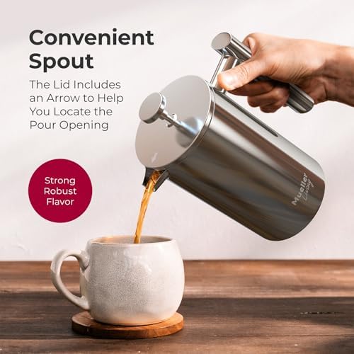 MuellerLiving French Press Coffee Maker 20oz, Stainless Steel French Press Coffee, 4 Filter Heat Resistant Double Insulated, Rust-Free, Food Grade, Dishwasher Safe Coffee Pot