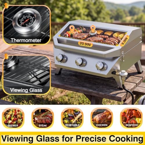 BESTFIRE 3 Burner Propane Grill, 30000 BTU Stainless Steel Tabletop BBQ, Portable Gas BBQ with Glass Lid, Thermometer & Dual Tank Adapter for 1lb/20lb, Outdoor Camping Tailgating 29.72" Wide