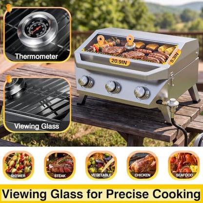 BESTFIRE 3 Burner Propane Grill, 30000 BTU Stainless Steel Tabletop BBQ, Portable Gas BBQ with Glass Lid, Thermometer & Dual Tank Adapter for 1lb/20lb, Outdoor Camping Tailgating 29.72" Wide
