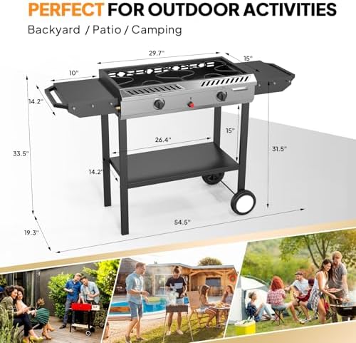 Bonnlo 2 Burner Propane Gas Burner with Auto Ignition, 150000 BTU Camping Stove with Storage Shelf and Rolling Wheels, Portable Outdoor Cooker for Patio Backyard Cooking Frying Boiling and Stewing