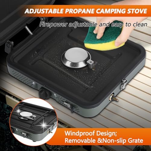 2 Burner Propane Camping Stove with Grill and Carrying Bag, Portable Folding Camp Stove with 17,000 BTU Adjustable Burners for Backpacking, Picnics, Outdoor Cooking