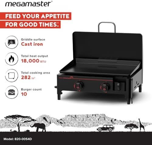 Megamaster Tabletop 2 Burner Gas Griddle Portable Grill with Built-In Lid