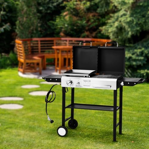 ROVSUN Dual Fuel Propane Gas Grill & Charcoal Grill Combo, 12000 BTU Freestanding Flat Top Griddle & Charcoal BBQ Grill with Ignition, Lids & Portable Cart for Outdoor Backyard Cooking Barbecue