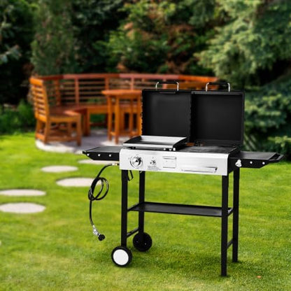 ROVSUN Dual Fuel Propane Gas Grill & Charcoal Grill Combo, 12000 BTU Freestanding Flat Top Griddle & Charcoal BBQ Grill with Ignition, Lids & Portable Cart for Outdoor Backyard Cooking Barbecue