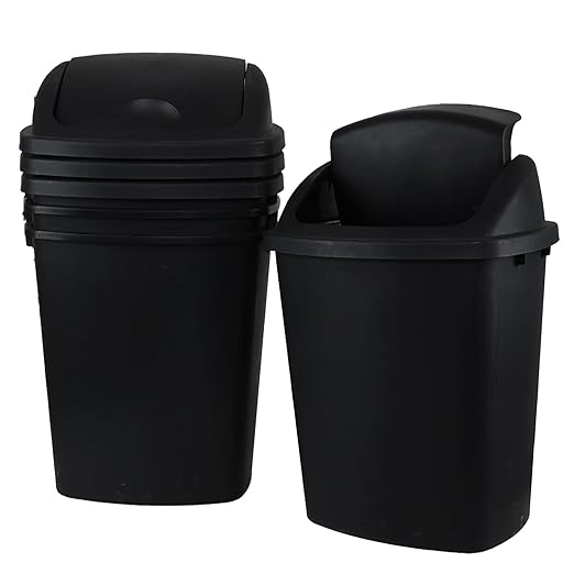 10 Gallon Plastic Garbage Bin with Lid, Swing Top Waste Container, Kitchen Trash Can with Swing Lid, Black, 4 Packs