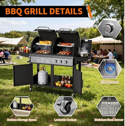 3-Burner Propane Gas Griddle – 24,000 BTU Convertible Flat Top Grill with Hood & Removable Cart – Portable for Camping, Tailgating, Backyard