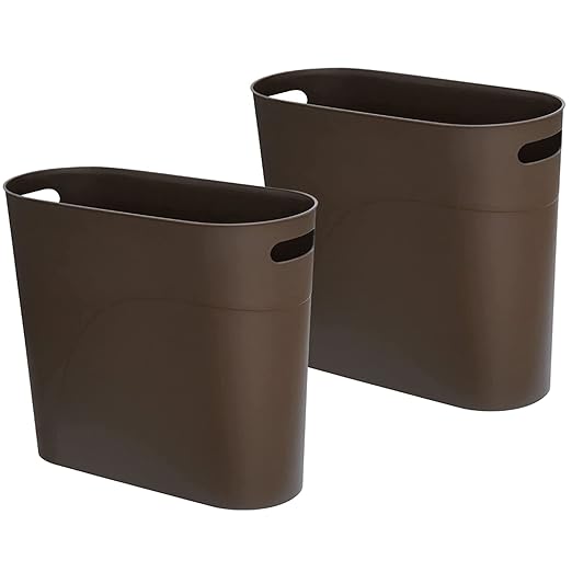 Small Trash Can Plastic Bathroom Wastebasket 3.2 Gallon Slim Garbage Container Bin with Handle for Home Kitchen Bathroom Bedroom Office, 2 Pack (Brown)