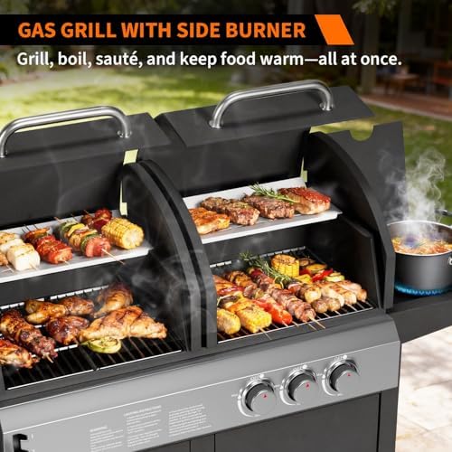 3-Burner Propane Gas Griddle – 24,000 BTU Convertible Flat Top Grill with Hood & Removable Cart – Portable for Camping, Tailgating, Backyard