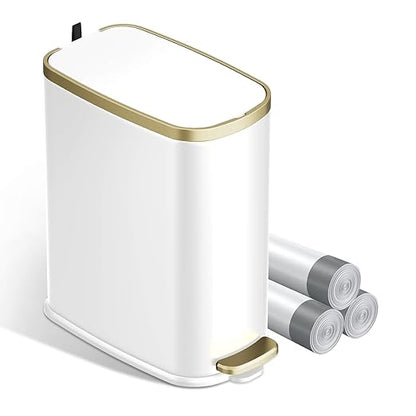 KUK Small Bathroom Trash Can with Lid Soft Close, Step Pedal, 2.4 Gal Stainless Steel Garbage Can with Removable Inner Bucket, Anti-Fingerprint Wastebasket for Office, Bedroom, Toilet (White)