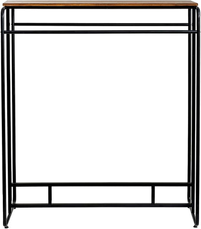 MyGift Dual Clothing Rack, Commercial Urban Black Metal Freestanding Large Garment Rack with Burnt Solid Wood Top Storage Shelf, Heavy Duty Double Rod Clothes Rack