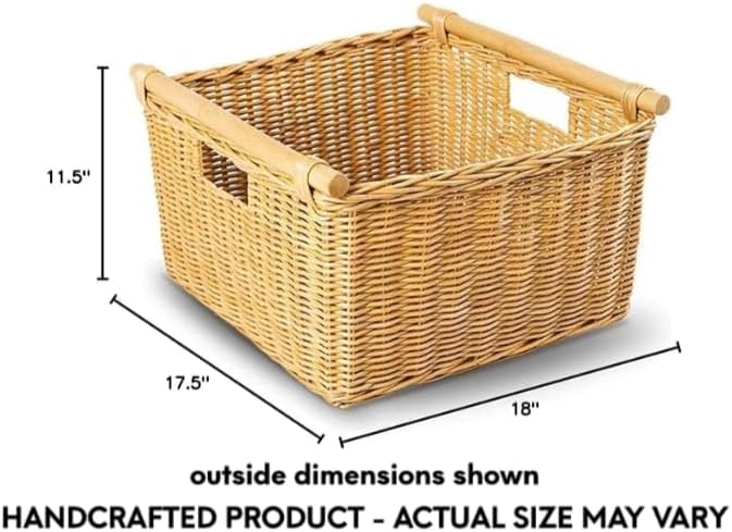 The Basket Lady Deep Pole Handle Wicker Storage Basket, Extra Large, 17.5 in L x 18 in W x 11.5 in H, Sandstone