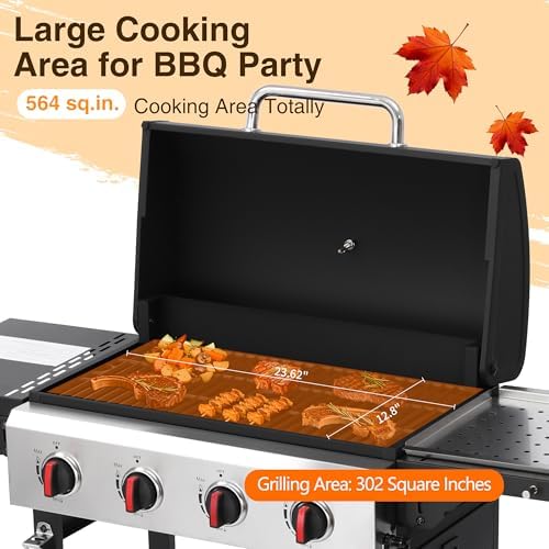 4-Burner Propane Gas Grill with Cast Iron Grates, 38200 BTU output,Foldable Side Shelves for Portable Outdoor Patio Camping, Black (4 burner)