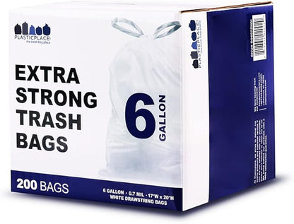 Plasticplace 6 Gallon Trash Bags, 0.7 Mil, White Drawstring Garbage Can Liners, 17" x 20" (100 Count) (Pack of 6)