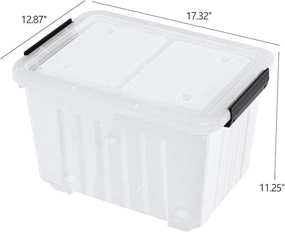 Zopnny 30 Quart Plastic Stacker Box, Large Storage Bin Container with Latching Lids and Wheels for Home and Garage Organizing, Shoes, Tools, Clear Base, 4-Pack