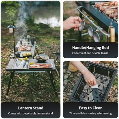 Naturehike Portable IGT Table with Charcoal Grill, Folding Camping Table and BBQ Grill with Desk Extension & Lantern Stand, Perfect for Outdoor Barbecue Camping Cooking Travel Picnic