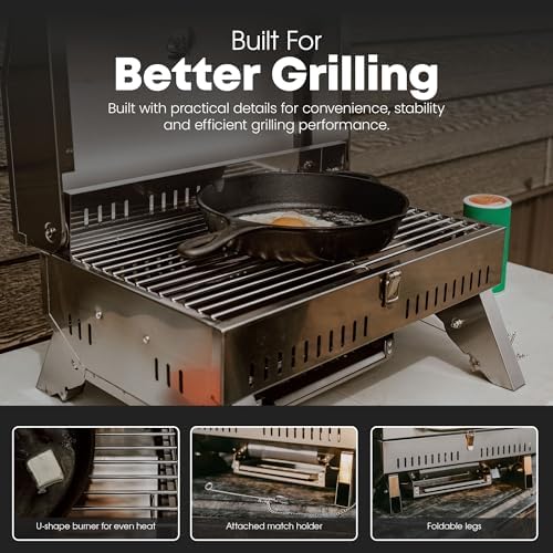 GasOne Portable Propane Grill – 18-inch Stainless Steel Tabletop Grill – Tabletop Gas Grill with Heat Control and Built-In Thermometer – Large Cooking Area – Ideal for Outdoor, Camping, Travel, RV