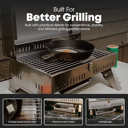 GasOne Portable Propane Grill – 18-inch Stainless Steel Tabletop Grill – Tabletop Gas Grill with Heat Control and Built-In Thermometer – Large Cooking Area – Ideal for Outdoor, Camping, Travel, RV