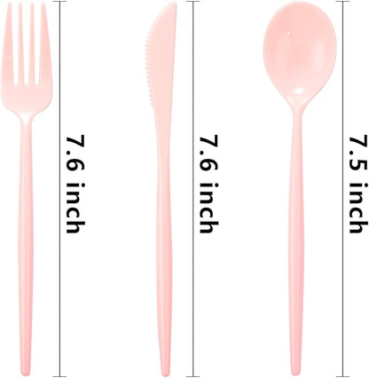 Supernal 180pcs Pink Plastic Silverware Heavy Duty Pink Party Disposable Cutlery Plastic Forks and Spoons Disposable Utensils Include 60 Forks,60 Knvies,60 Spoons for Wedding,Party or Daily Using