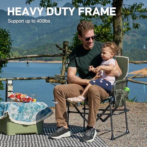 EVER ADVANCED Camping Directors' Chair with Side Table, Portable Folding Chair with Compact Size, Heavy Duty with Pocket for Camping, Lawn, Sports and Fishing, 400lbs, Green 2 Pack