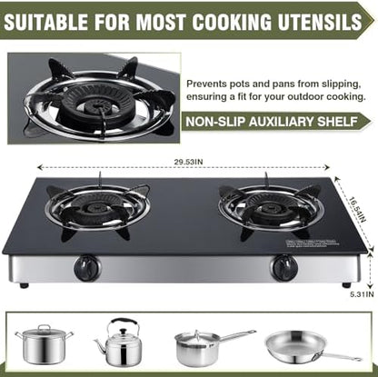 BESTFIRE 2-Burner Propane Gas Cooktop, 30,000 BTU Portable Tempered Glass Stove with Auto-Ignition, CSA Certified Regulator & Hose, Double Burner Stove for Camping, RV & Patio