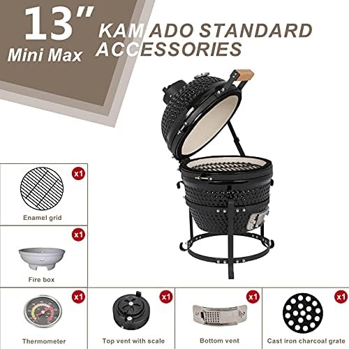 Outvita Ceramic Grill, 13" Round Kamado Charcoal Grill, Black