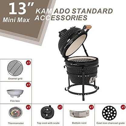 Outvita Ceramic Grill, 13" Round Kamado Charcoal Grill, Black