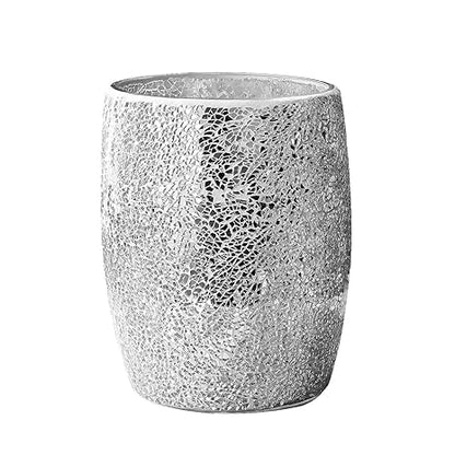 Escenzy Modern Bathroom Trash Can Silver Mosaic Glass 5L | 7" x 10" | Luxury Waste Basket for Restroom, Bedroom, Office & Kitchen | Decorative Small Garbage Can | Silver Glitter Bathroom Accessories