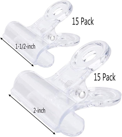 30 Pack Plastic Clear Clips Clamps, 1-1/2 Inch and 2 Inch Sizes