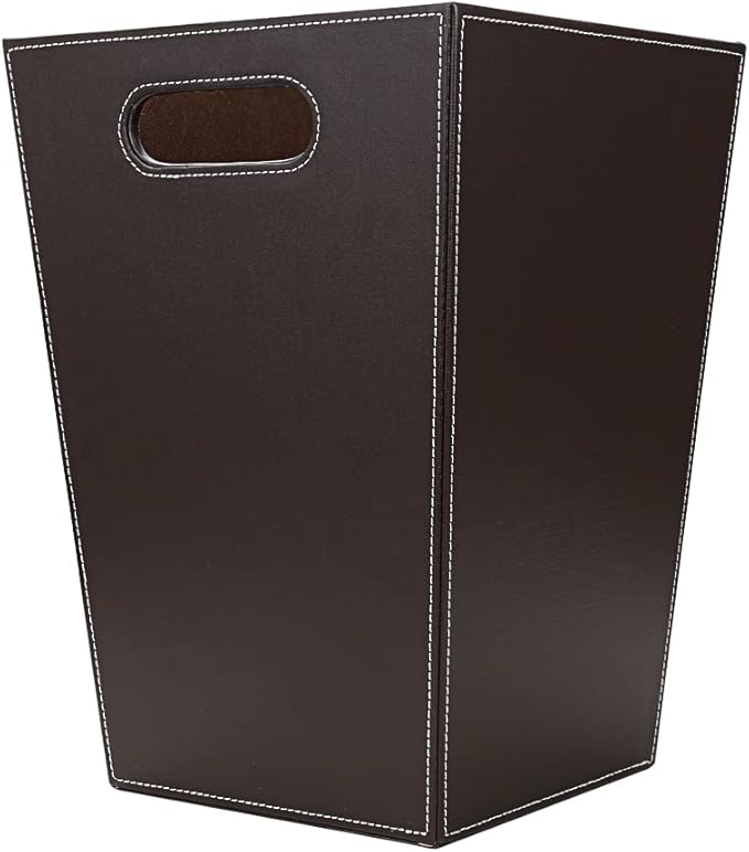 KINGFOM Classic Pu Leather Trash Can Wastebasket, Garbage Container Bin with Handles for Bathrooms, Powder Rooms, Kitchens, Home, Office and and High Class Hotel Square Brown