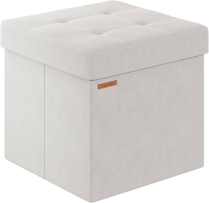 Folding Storage Ottoman, Velvet Storage Bench, Footrest, Footstool,for Living Room, Bedroom and Office,15 x 15 x 15 Inches, 300 kg Load Capacity,Cream White, UASND04W
