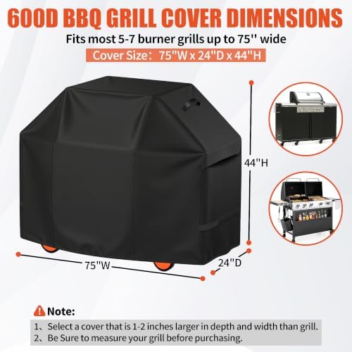 iCOVER Grill Cover 75 inch, BBQ Grill Cover for Outdoor Grill, 600D Heavy Duty Waterproof BBQ Cover, Anti-UV and Rip-Proof Barbecue Cover, Gas Grill Cover for Weber, Char-Broil, Nexgrill, etc