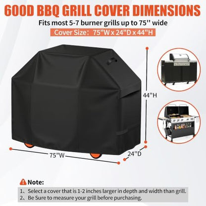 iCOVER Grill Cover 75 inch, BBQ Grill Cover for Outdoor Grill, 600D Heavy Duty Waterproof BBQ Cover, Anti-UV and Rip-Proof Barbecue Cover, Gas Grill Cover for Weber, Char-Broil, Nexgrill, etc