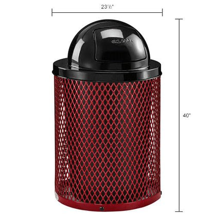 Global Industrial 36 Gallon Outdoor Steel Trash Can with Dome Lid and Raised Base, Plastic Liner and Anchor Kit Included, 23-1/2" Diameter x 43" H, Powder Coat Finish, Unassembled, Red