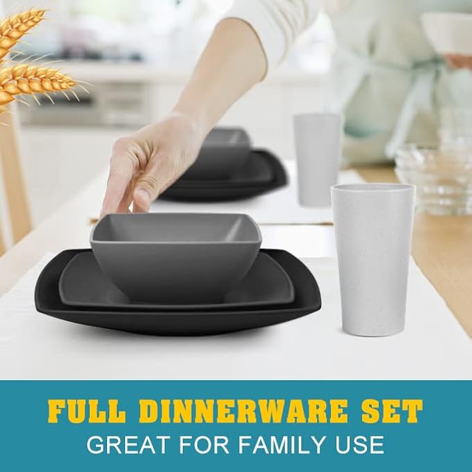 Teivio 16-piece Plastic Wheat Straw Square Dinnerware Set