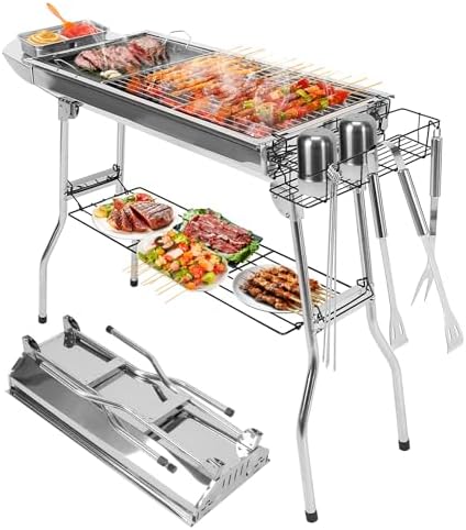 Portable Charcoal Grill, Folding Barbecue Grill with Storage Shelf,