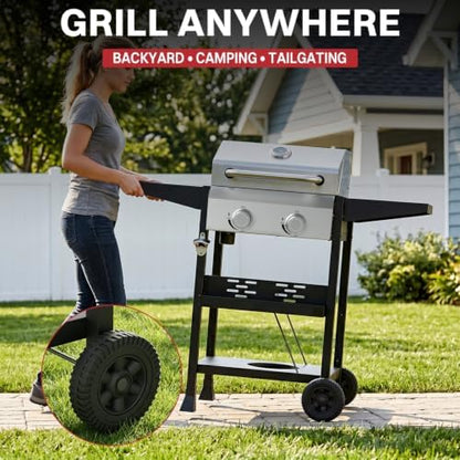 2 Burner Propane Gas Grill, 24000 BTU Portable BBQ with Lid & Wheels